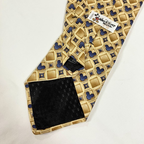 Disney Parks Men's Necktie Tie Silk Gold Blue Geometric Mickey Mouse Head - Picture 3 of 8